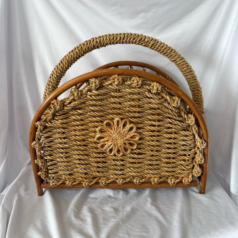 Vintage 70s rattan wicker magazine rack flower tan boho cottagecore home decor